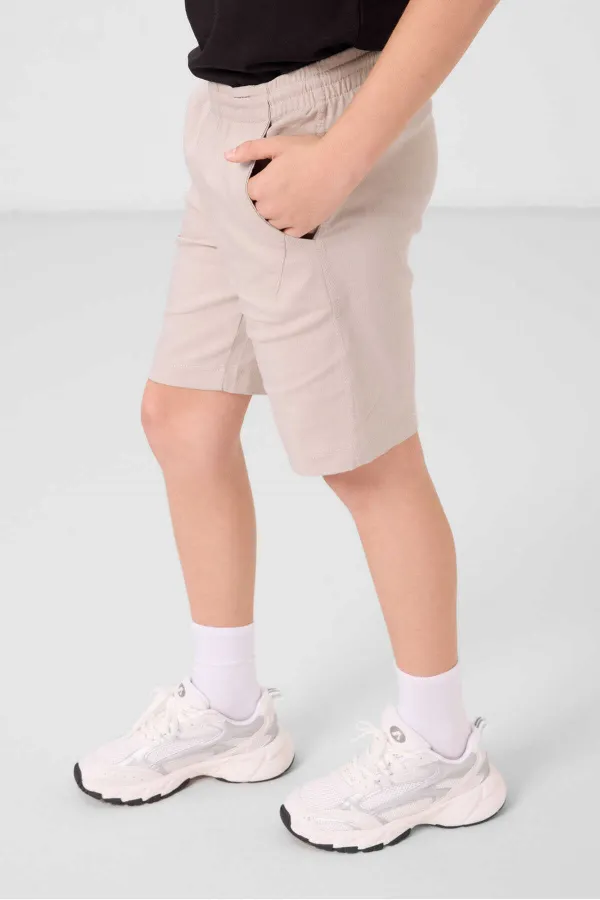 Ensemble short chino garçon Tommylife en coton tissé léger et extensible, coupe oversize, couleur noir et pierre, réf. 11277