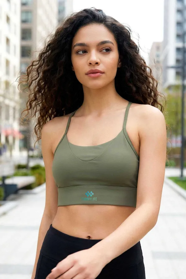 Tommylife Toptan Haki Standart Fit Baskılı Sırt Detaylı Kadın Spor Büstiyer - 97300