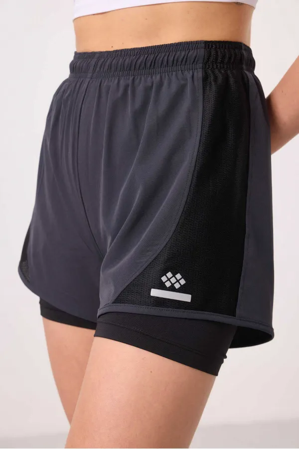 Tommylife Toptan Polyester Gizli Cep Fermuarlı Standart Kalıp Kadın İçi Taytlı Şort - 91015 Antrasit