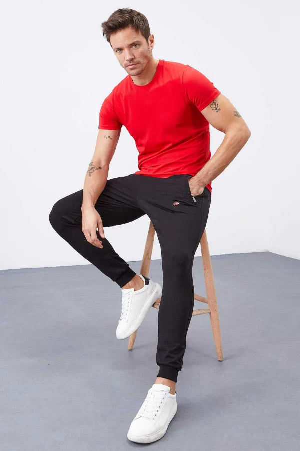 Tommylife Toptan Siyah Fermuar Cepli Dar Kalıp Jogger Erkek Eşofman Alt - 84343