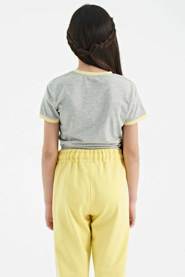 Tommylife Wholesale Grey Melange Print Detail Crew Neck Multicolored Tie Detail Girls' T-Shirt - 75113