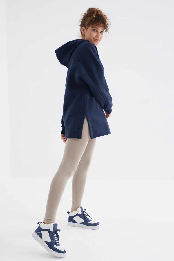 Tommylife Toptan İndigo Reglan Kol Basic Kapüşonlu Oversize Tunik - 97242