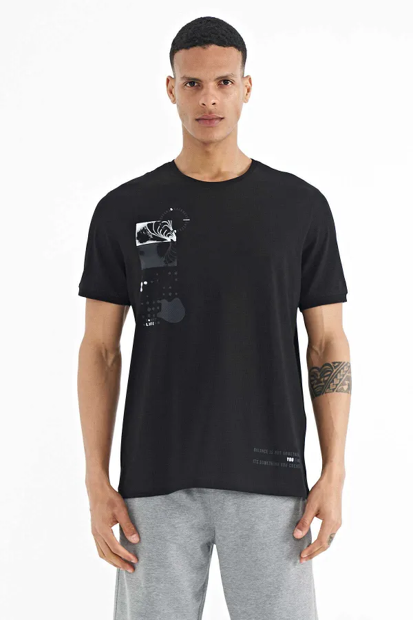 T-shirt homme Tommylife Wholesale noir imprimé, col rond, coupe standard - 88216