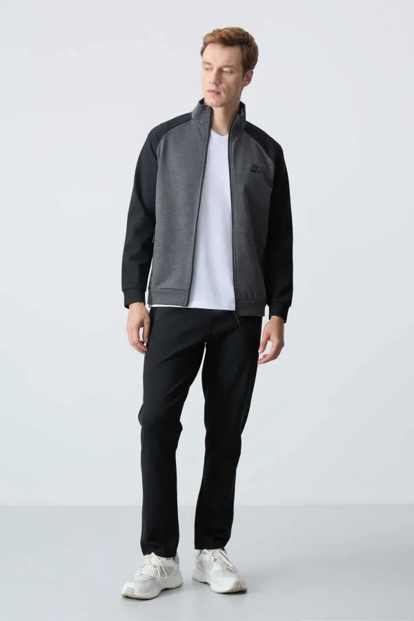 Tommylife Toptan Rahat Kalıp Dik Yaka Klasik Paça Erkek Eşofman Takımı 85113 Antrasit - Siyah