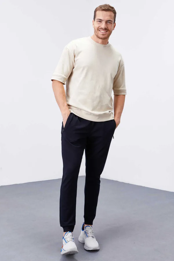 Tommylife Toptan Lacivert Fermuar Cepli Dar Kalıp Jogger Erkek Eşofman Alt - 84343