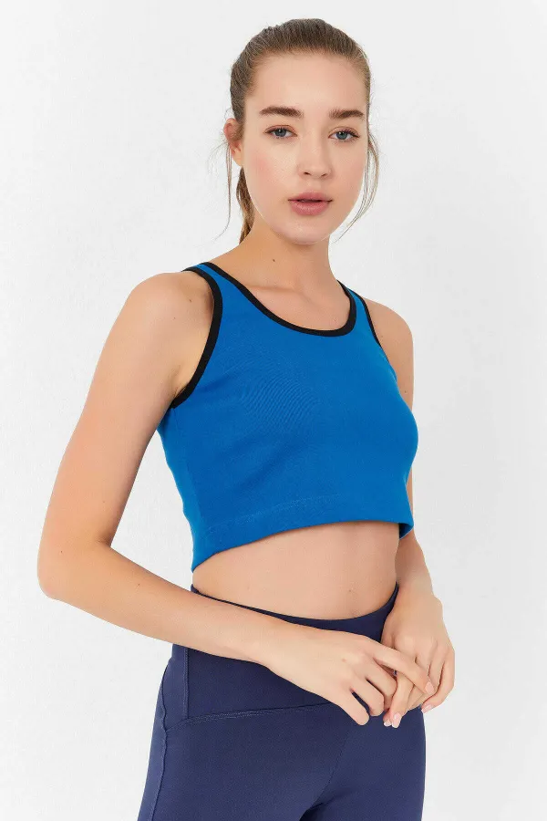 Tommylife Toptan Turkuaz Basic Sıfır Kol Dar Kalıp U Yaka Kadın Crop Top Atlet - 97162