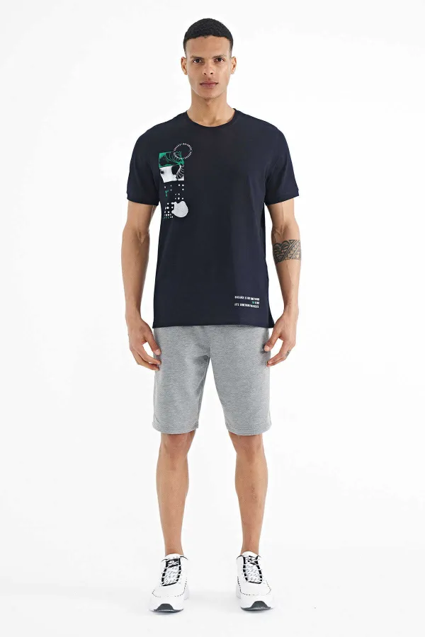 Tommylife Toptan Lacivert Baskı O Yaka Detaylı Standart Form Erkek T-Shirt - 88216