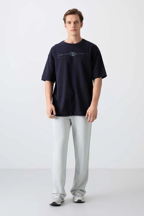 Tommylife Toptan O Yaka Oversize Baskılı Erkek T-Shirt 88323 Lacivert