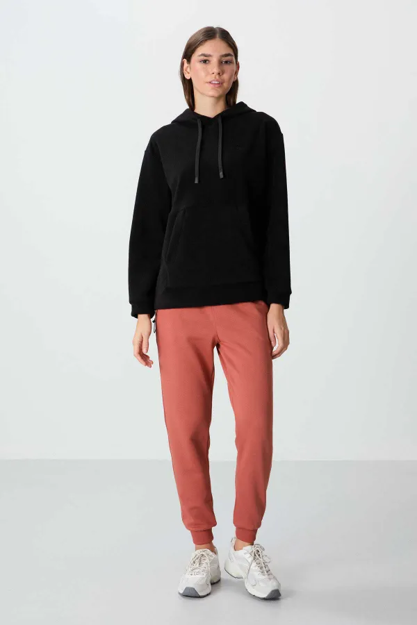 Tommylife Toptan Kapüşonlu Oversize Kadın Polar Sweatshirt 97292 Siyah