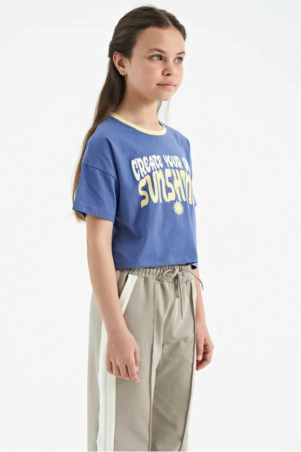 Tommylife Toptan Açık Eflatun Renkli Yazı Baskılı O Yaka Oversize  Kısa Kollu Kız Çocuk T-Shirt - 75111