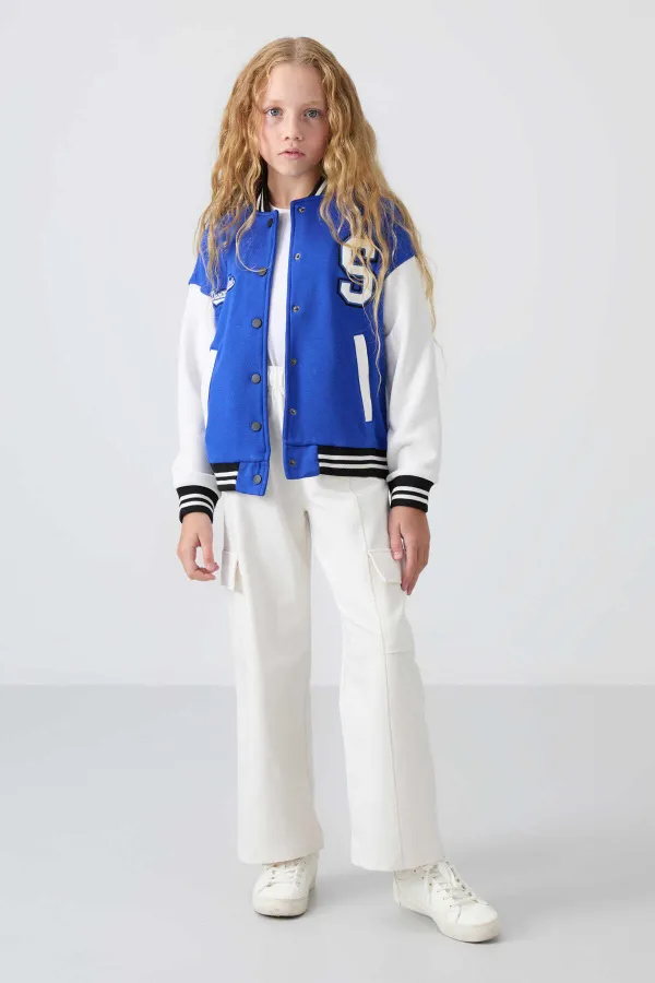 Tommylife Toptan 7-15 Yaş Kolej Yaka Standart Kalıp Kız Çocuk Ceket 75163 Gece Mavi