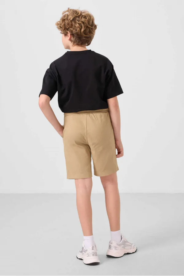 Tommylife Toptan Pamuklu Oversize Fit Dokuma Hafif Esnek Chino Erkek Çocuk Şort Takım 11279 Siyah-Koyu Bej