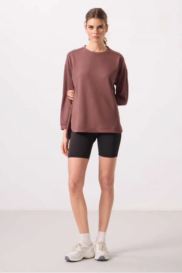Tommylife Wholesale Soft Texture O Neck Comfortable Form Women's Tunic Sweatshirt - 97305 Brown