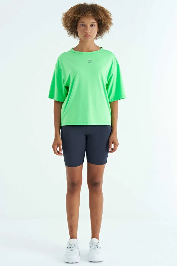 Tommylife Wholesale Neon Green Crew Neck Print Detail Oversize Short Sleeve Women's T-Shirt - 97263