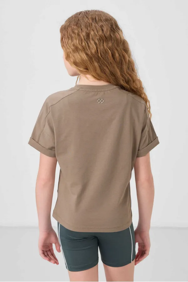 T-shirt basique Tommylife en coton, col rond, coupe oversize, pour fille, beige foncé, référence 75182.