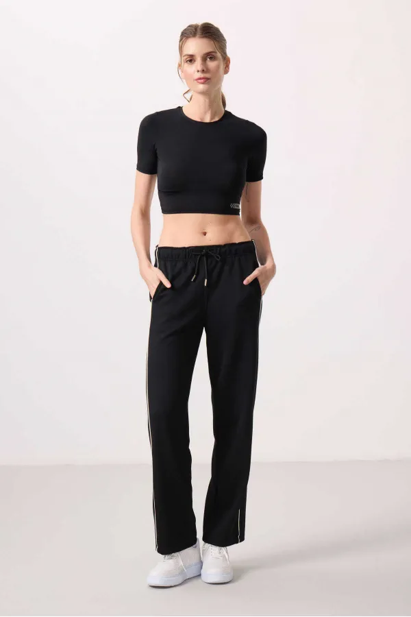 Tommylife Toptan Yumuşak Dokulu Yan Panel Detaylı Geniş Paça Kadın Palazzo Pantolon - 94669 Siyah