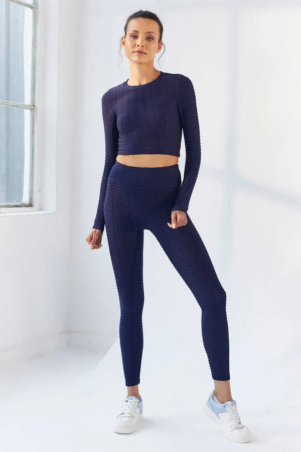 Tommylife Wholesale Indigo Self-Patterned Crew Neck Long Sleeve Women's Crop Top T-Shirt - 97153