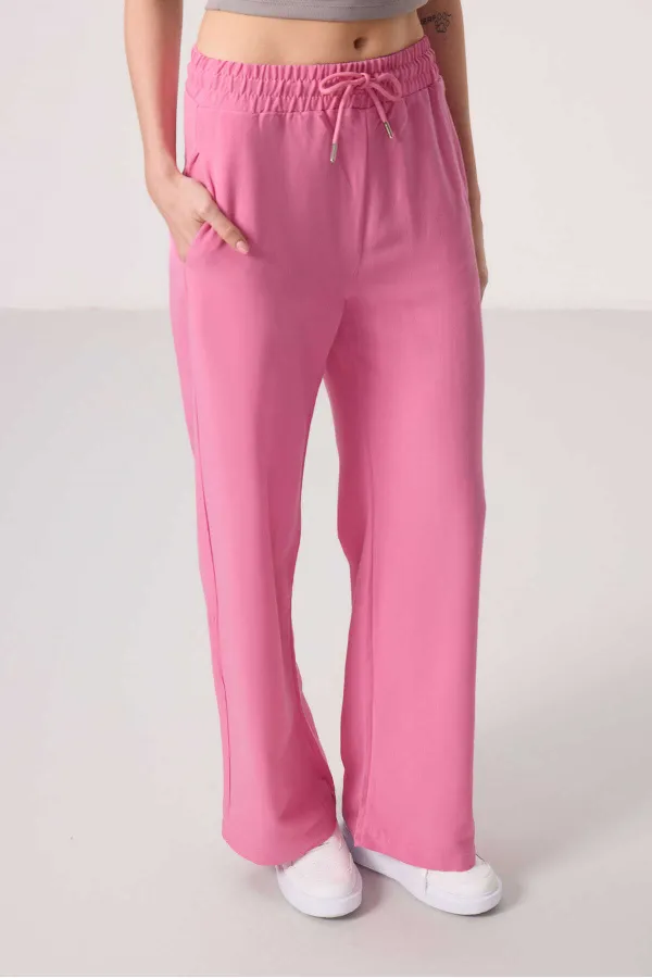 Tommylife Toptan Keten Geniş Paça Rahat Form Kadın Palazzo Pantolon - 94675 Fuşya