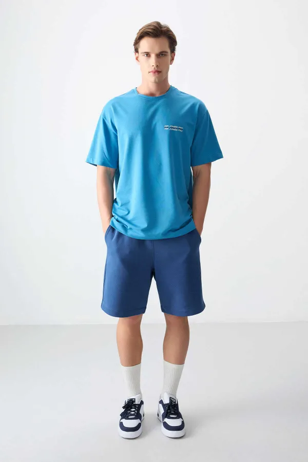 Tommylife Toptan O Yaka Oversize Baskılı Erkek T-Shirt 88375 Petrol Mavi