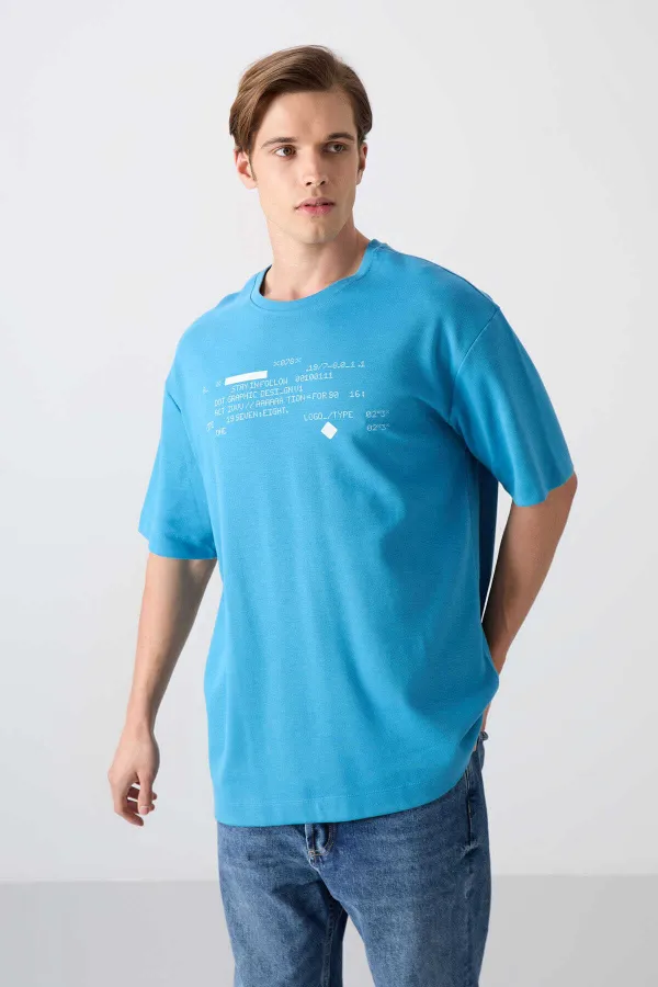 Tommylife Wholesale Crew Neck Oversize Printed Men's T-Shirt 88326 Petrol Blue