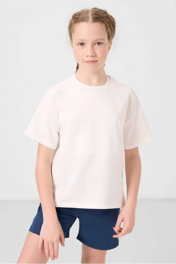 Ensemble short basique pour fille Tommylife en coton doux texturé, coupe standard, référence 75184, couleur écru, Parlement