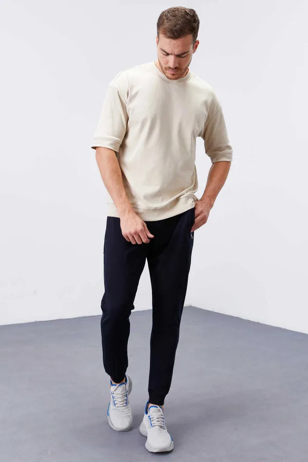 Tommylife Toptan Lacivert Fermuar Cepli Dar Kalıp Jogger Erkek Eşofman Alt - 84343