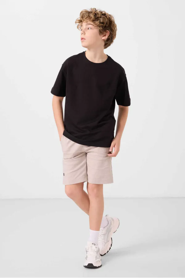 Ensemble short chino garçon Tommylife en coton tissé léger et extensible, coupe oversize, couleur noir et pierre, réf. 11277