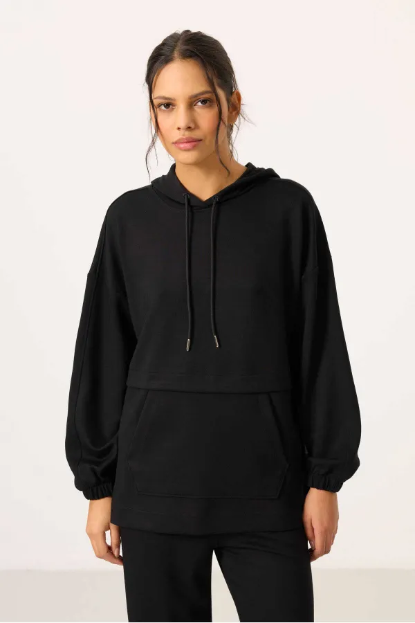 Ensemble tunique de survêtement à capuche oversize pour femme Tommylife, texture douce, vente en gros - 95348 Noir