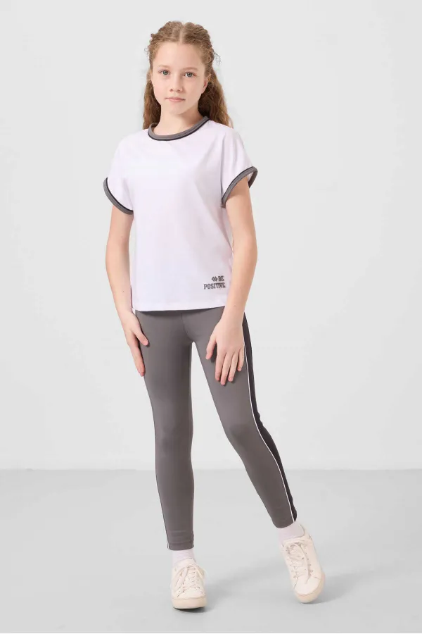 Tommylife Toptan O Yaka Yan Şerit Detaylı Standart Fit Performans Kız Çocuk Tayt Takım 75191 Beyaz Koyu Gri
