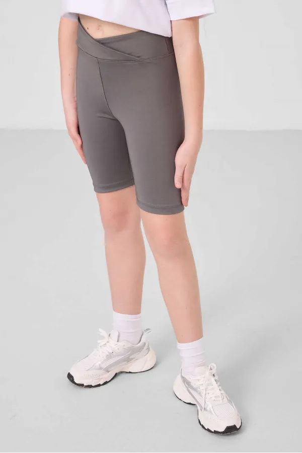 Tommylife Toptan V Yaka Kemer Detaylı Standart Fit Performans Kız Çocuk Tayt Takım 75187 Beyaz Koyu Gri