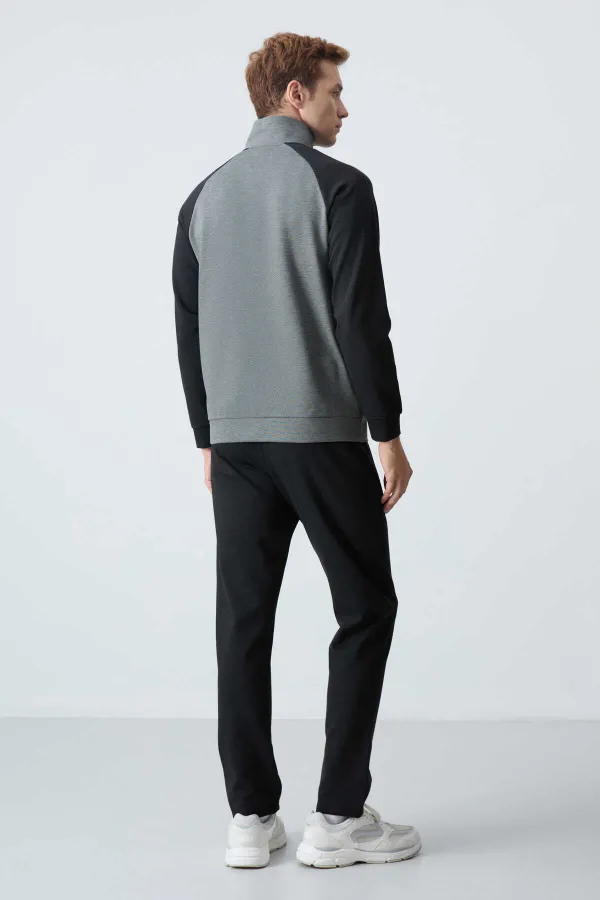 Tommylife Toptan Rahat Kalıp Dik Yaka Klasik Paça Erkek Eşofman Takımı 85113 Çağla - Siyah