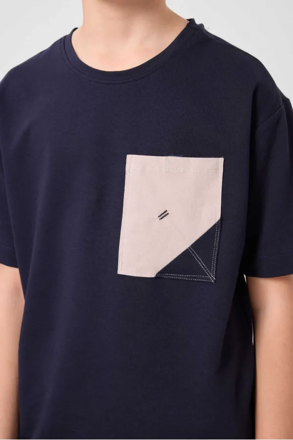 Ensemble short chino garçon Tommylife en coton stretch léger, coupe oversize, taille 11278, bleu marine-pierre