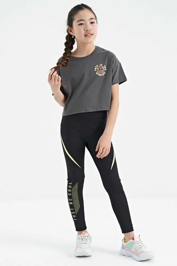 Tommylife Toptan Koyu Gri Ön Arka Baskılı O Yaka Düşük Omuz Oversize Kısa Kollu Kız Çocuk T-Shirt - 75126