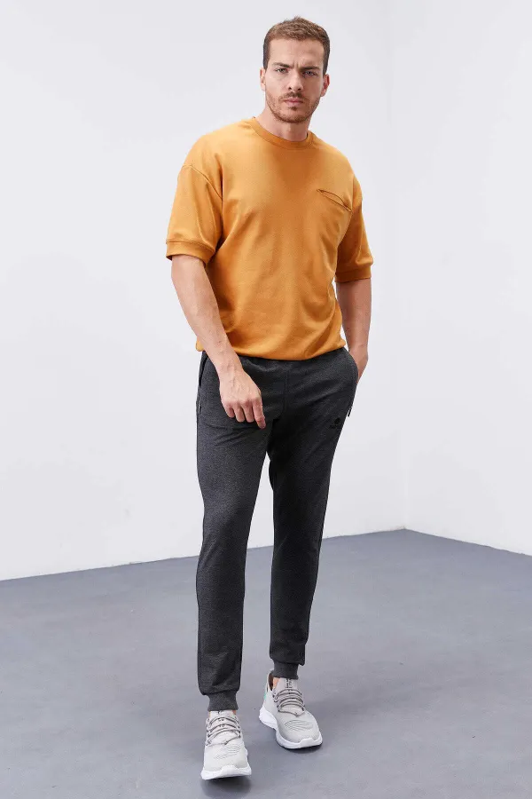 Tommylife Toptan Antrasit Melanj Fermuar Cepli Dar Kalıp Jogger Erkek Eşofman Alt - 84343