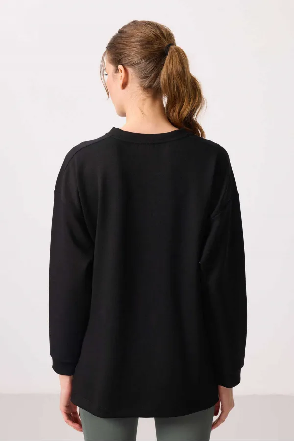 Tommylife Toptan Yumuşak Dokulu O Yaka Rahat Form Kadın Tunik Sweatshirt - 97305 Siyah