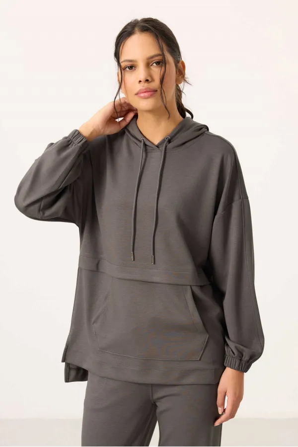 Survêtement tunique à capuche surdimensionné pour femme, texture douce, vente en gros Tommylife - 95348 Gris foncé