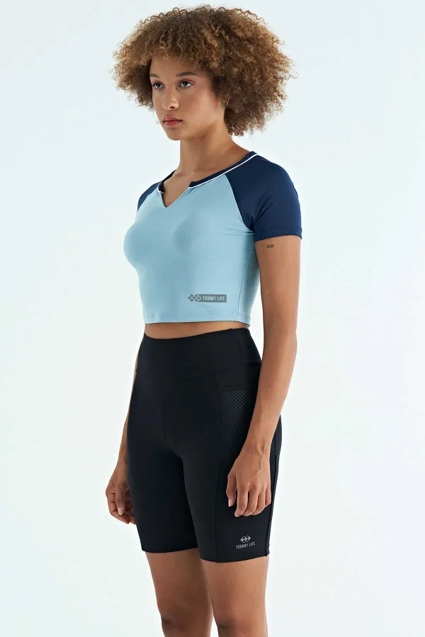 Tommylife Wholesale Light Blue Color Block Logo Print Crew Neck Slim Fit Women's Crop T-Shirt - 97270