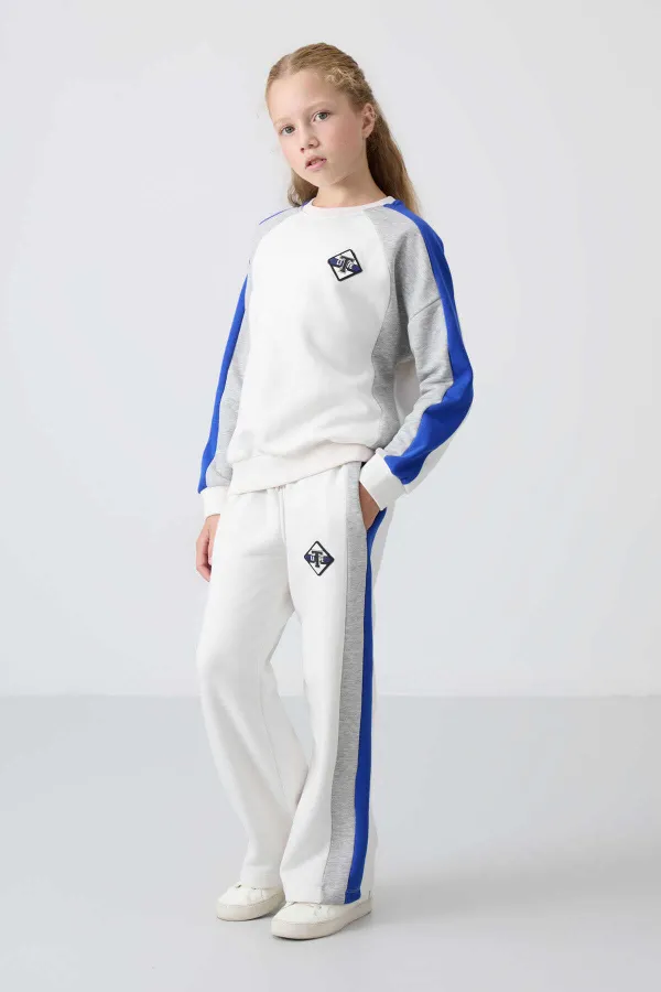 Tommylife Toptan 7-15 Yaş O Yaka Standart Kalıp Kız Çocuk Eşofman Takımı 75165 Ekru