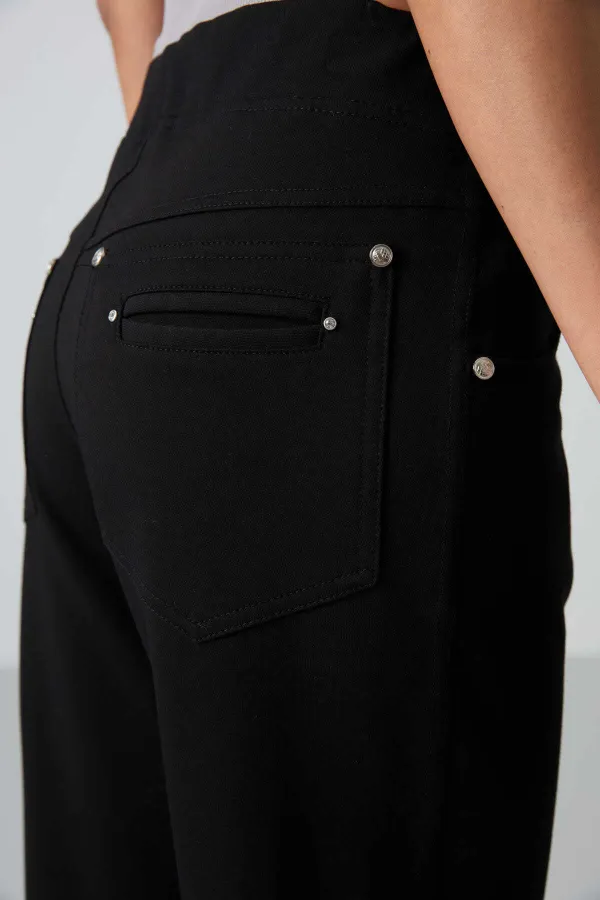 Tommylife Toptan Siyah Taş Detaylı Cepli Rahat Form Klasik Paça Kadın Eşofman Altı - 94007