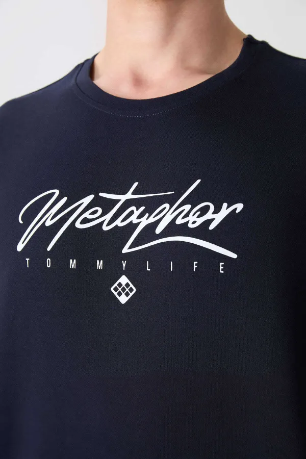Tommylife Toptan O Yaka Oversize Baskılı Erkek T-Shirt 88320 Lacivert