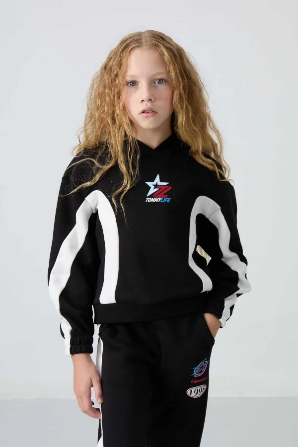 Tommylife Toptan 7-15 Yaş Kapüşonlu Oversize Kız Çocuk Eşofman Takımı 75166 Siyah