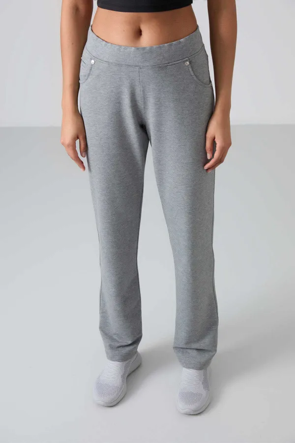 Tommylife Wholesale Grey Melange Women's Sweatpants with Stone Details, Pockets, Comfortable Fit, Classic Leg - 94007