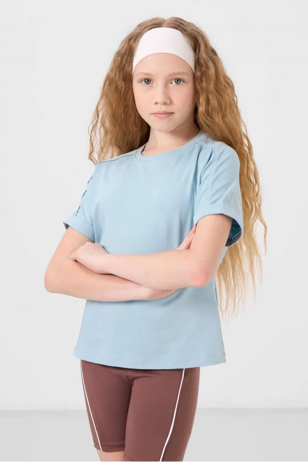 Tommylife Toptan Pamuklu O Yaka Oversize Fit Basic Kız Çocuk T Shirt 75182 Açık Mavi