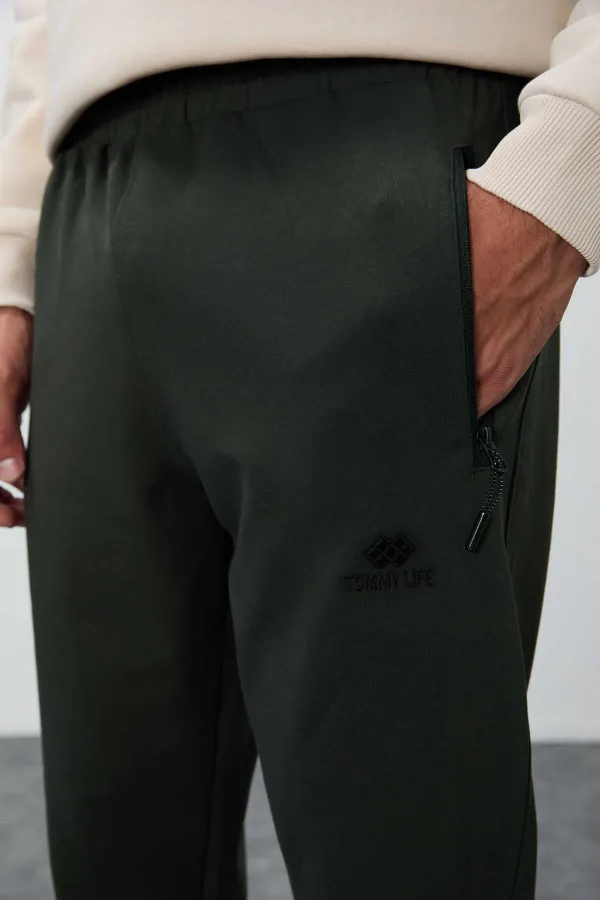 Tommylife Toptan Haki Fermuar Cepli Standart Kalıp Jogger Erkek Eşofman Alt - 84651