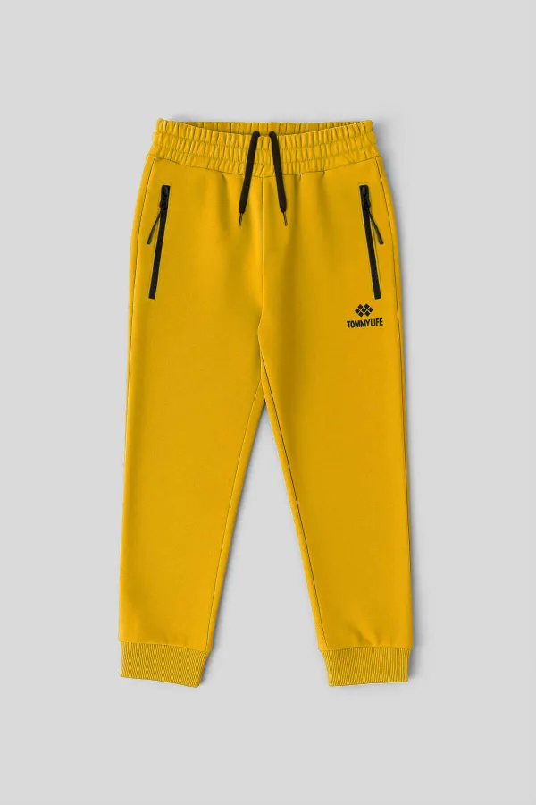Tommylife Wholesale Mustard Basic Zip-Pocket, Drawstring Waist Jogger Boys' Sweatpants - 10798