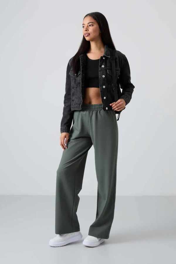 Tommylife Wholesale Comfortable Fit Wide Leg Women's Sweatpants 94567 Khaki