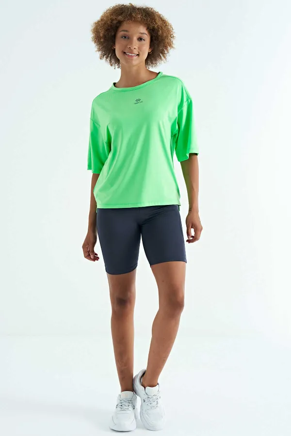 Tommylife Wholesale Neon Green Crew Neck Print Detail Oversize Short Sleeve Women's T-Shirt - 97263