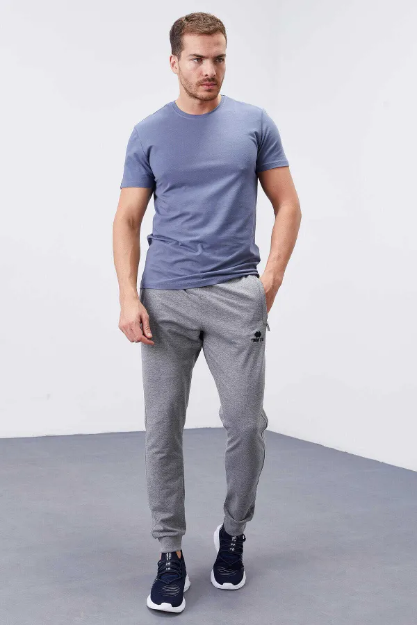 Tommylife Toptan Gri Melanj Fermuar Cepli Dar Kalıp Jogger Erkek Eşofman Alt - 84343