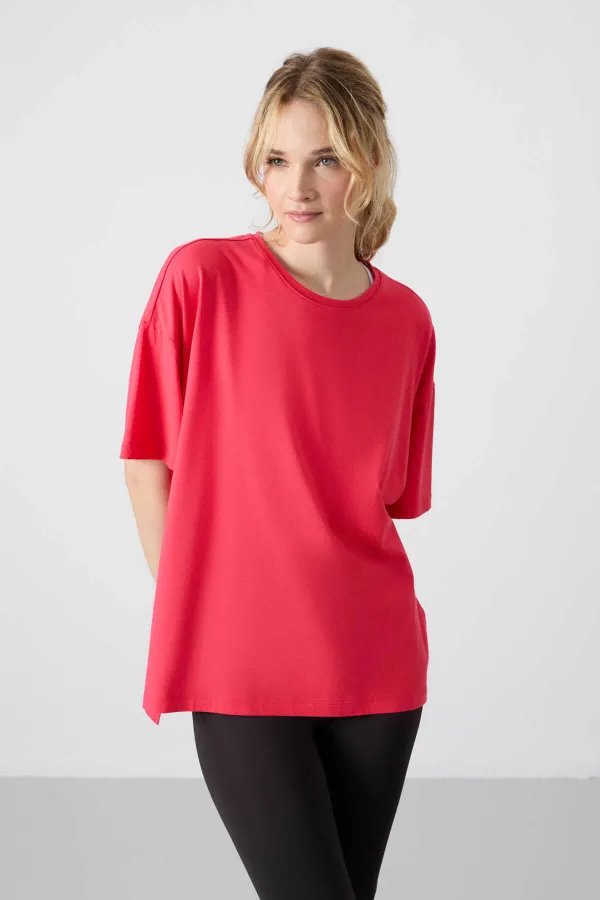 Tommylife Toptan O Yaka Oversize Basic Kadın T-Shirt 97285 Şeker Pembe