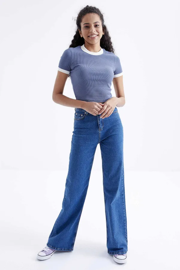 Tommylife Wholesale Petrol Basic Sleeve Detail Crew Neck Women's Crop Top T-Shirt - 97200